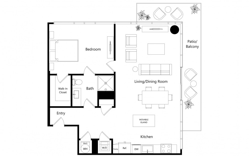 A5 - 1 bedroom floorplan layout with 1 bath and 908 square feet.