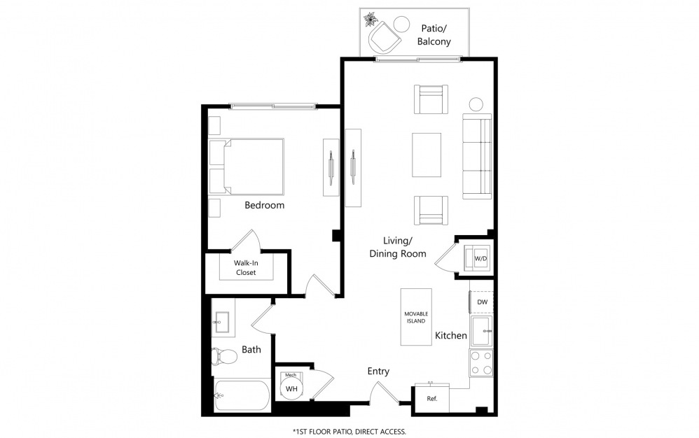 A7 - 1 bedroom floorplan layout with 1 bath and 800 square feet.