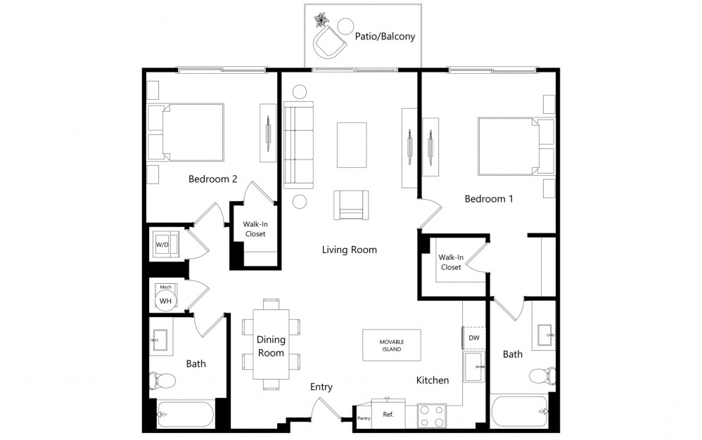 B1.2 - 2 bedroom floorplan layout with 2 baths and 1223 square feet.