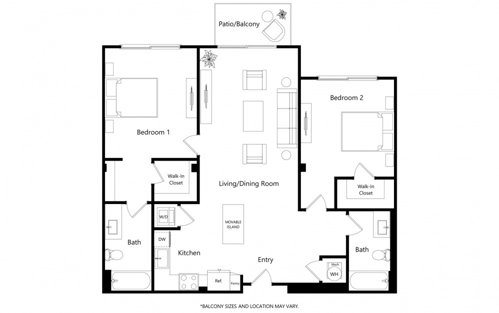 B5 - 2 bedroom floorplan layout with 2 baths and 1155 square feet.