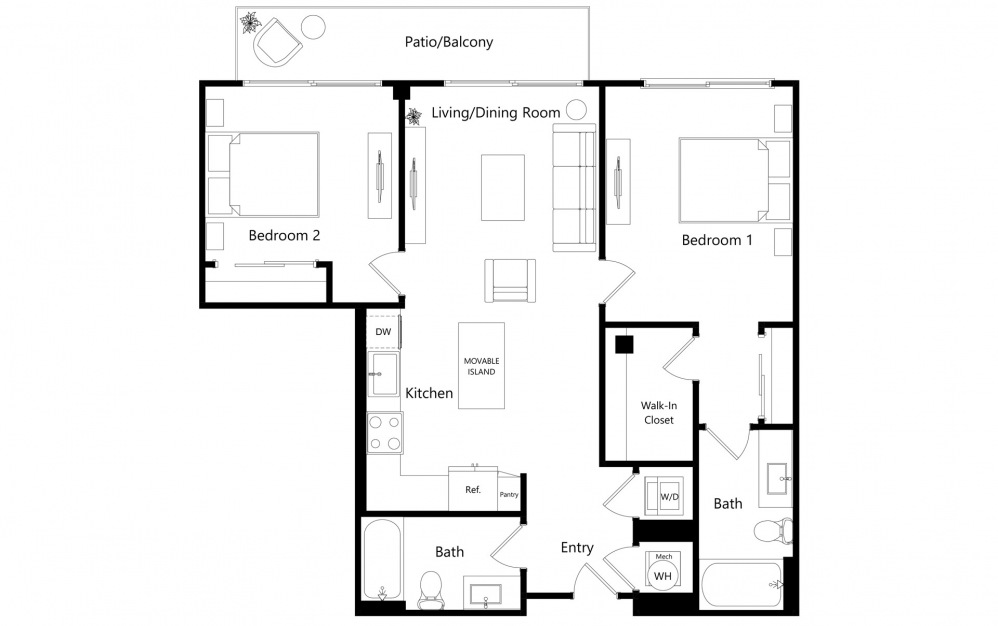 B6 - 2 bedroom floorplan layout with 2 baths and 967 square feet.